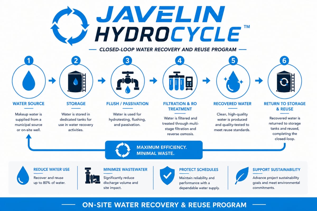 Javelin HydroCycle infographic showing a closed-loop water recovery and reuse process with six steps from water source to storage return