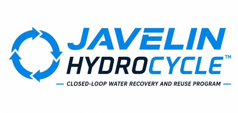 Javelin HydroCycle logo featuring a blue circular arrow symbol with text for closed-loop water recovery and reuse program