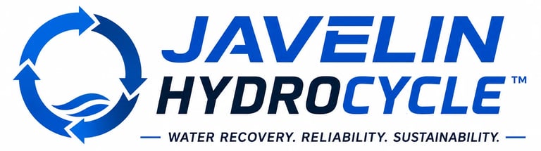 Javelin Hydrocycle logo with blue circular arrows and text emphasizing water recovery, reliability, and sustainability