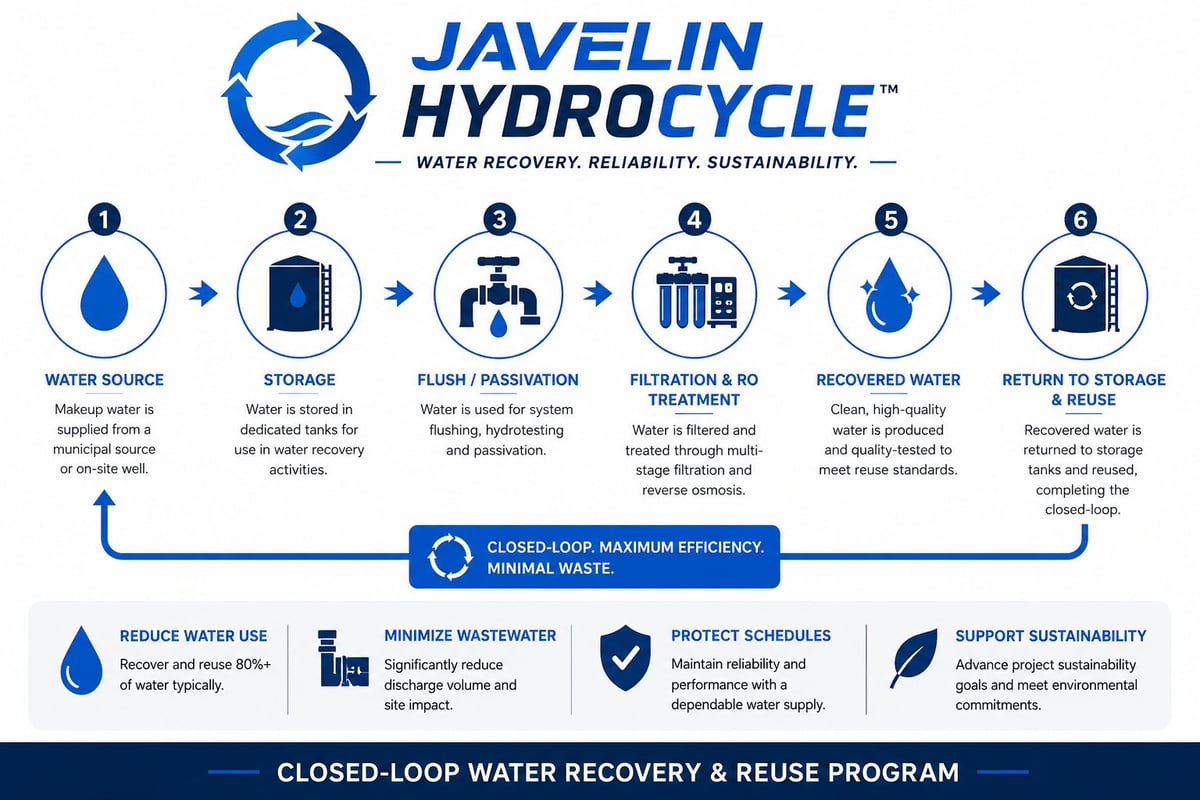 Javelin Hydrocycle infographic showing 6-step closed-loop water recovery and reuse process with icons and sustainability benefits